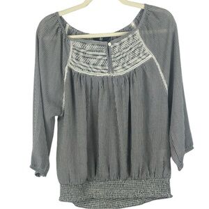 Fig Gray & White Striped Boxy Blouse Smocked Waist Chest Embroidered Detail XXL